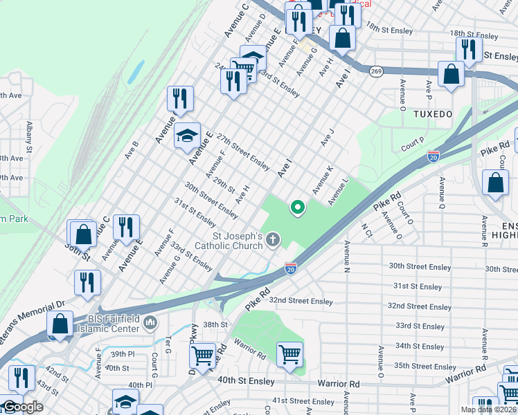 map of restaurants, bars, coffee shops, grocery stores, and more near 2900 Avenue I in Birmingham