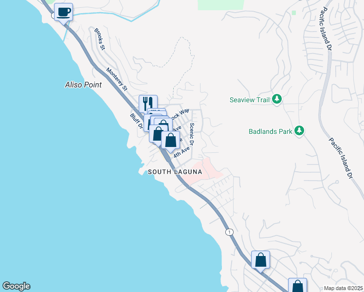 map of restaurants, bars, coffee shops, grocery stores, and more near 31693 Wildwood Road in Laguna Beach