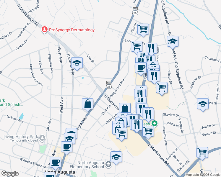 map of restaurants, bars, coffee shops, grocery stores, and more near 1117 Georgia Avenue in North Augusta