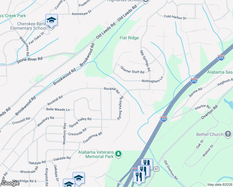 map of restaurants, bars, coffee shops, grocery stores, and more near 3705 Rockhill Rd in Birmingham