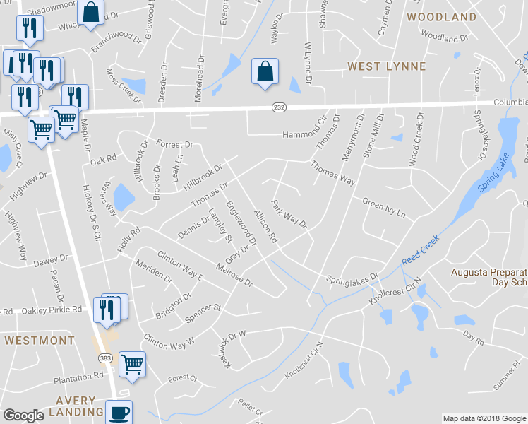map of restaurants, bars, coffee shops, grocery stores, and more near 4118 Allison Road in Augusta