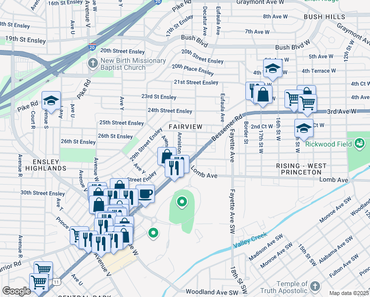 map of restaurants, bars, coffee shops, grocery stores, and more near 2709 30th Street Ensley in Birmingham