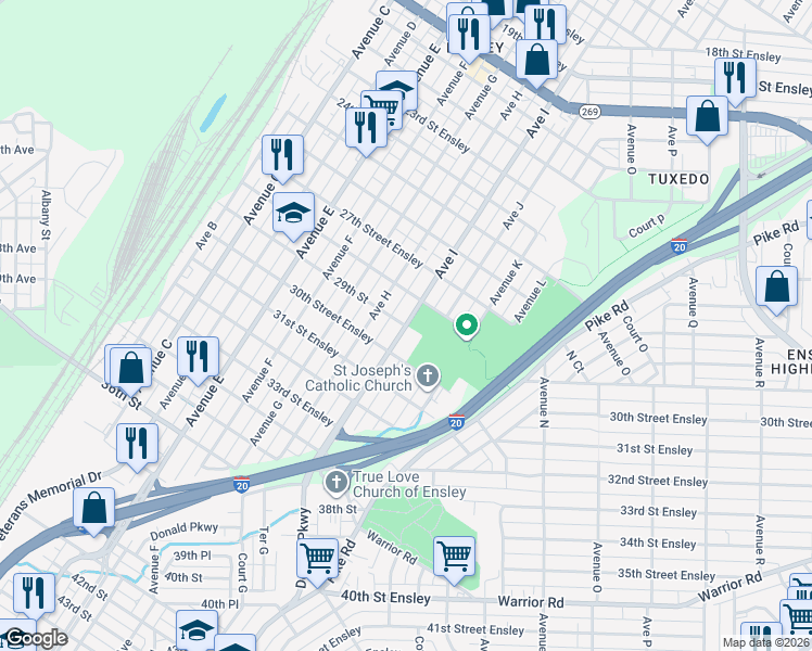 map of restaurants, bars, coffee shops, grocery stores, and more near 1722 29th Street in Birmingham