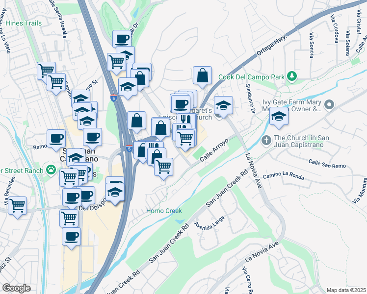 map of restaurants, bars, coffee shops, grocery stores, and more near 31748 Rancho Viejo Road in San Juan Capistrano