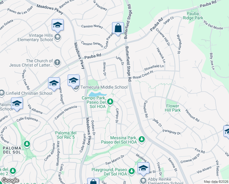 map of restaurants, bars, coffee shops, grocery stores, and more near 32572 Miller Court in Temecula