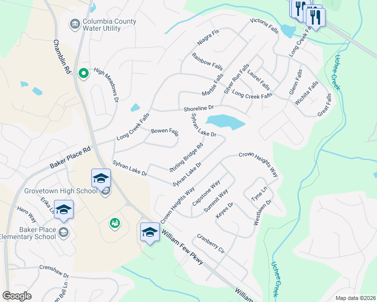 map of restaurants, bars, coffee shops, grocery stores, and more near 514 Stirling Bridge Road in Grovetown