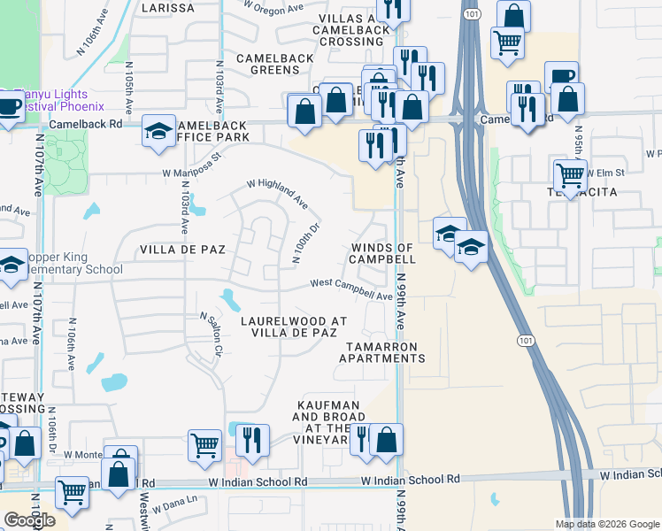 map of restaurants, bars, coffee shops, grocery stores, and more near 10013 West Kino Lane in Phoenix