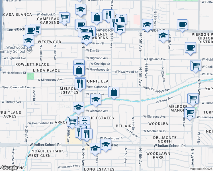 map of restaurants, bars, coffee shops, grocery stores, and more near 4501 North 17th Drive in Phoenix