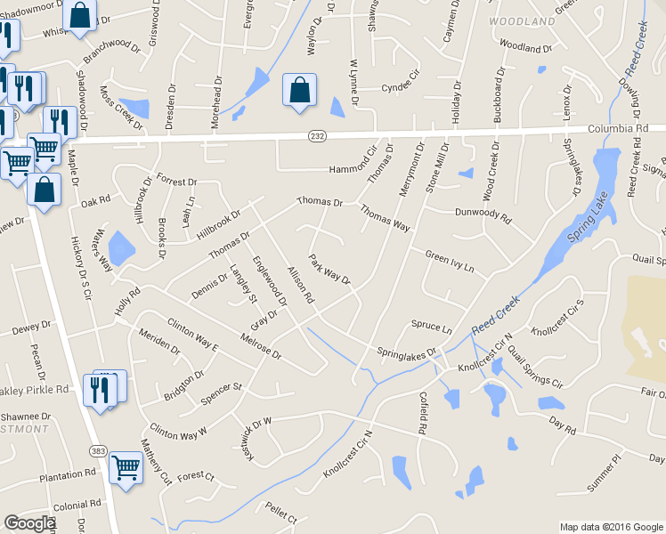 map of restaurants, bars, coffee shops, grocery stores, and more near 388 Park Way Drive in Augusta