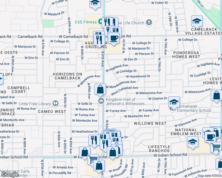 map of restaurants, bars, coffee shops, grocery stores, and more near 8225 West Meadowbrook Avenue in Phoenix