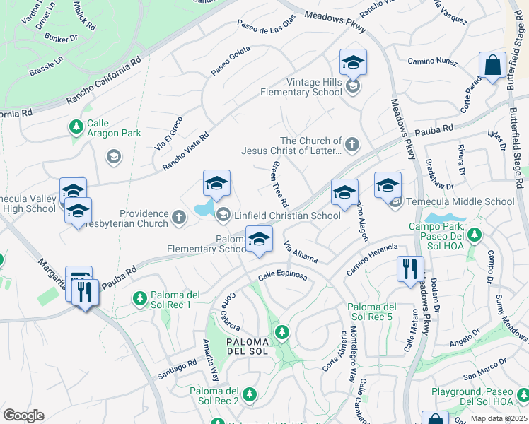 map of restaurants, bars, coffee shops, grocery stores, and more near 31950 Pauba Road in Temecula