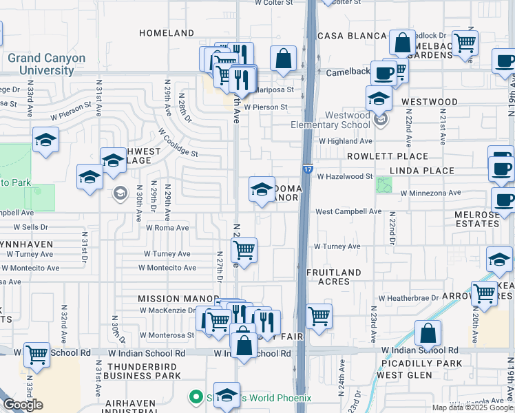 map of restaurants, bars, coffee shops, grocery stores, and more near 2626 West Campbell Avenue in Phoenix