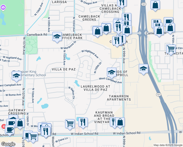 map of restaurants, bars, coffee shops, grocery stores, and more near 4525 North 101st Avenue in Phoenix