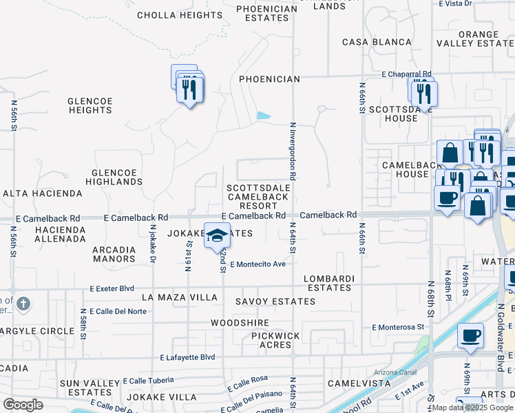 map of restaurants, bars, coffee shops, grocery stores, and more near 6302 East Camelback Road in Scottsdale