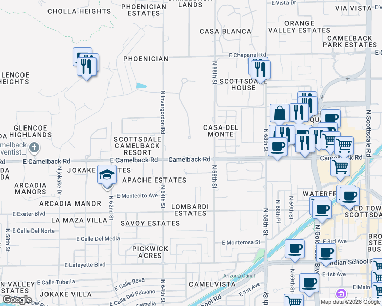 map of restaurants, bars, coffee shops, grocery stores, and more near 6502 East Camelback Road in Scottsdale