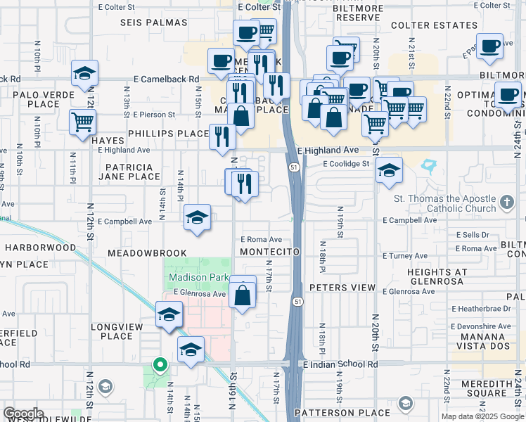 map of restaurants, bars, coffee shops, grocery stores, and more near 1718 East Campbell Avenue in Phoenix