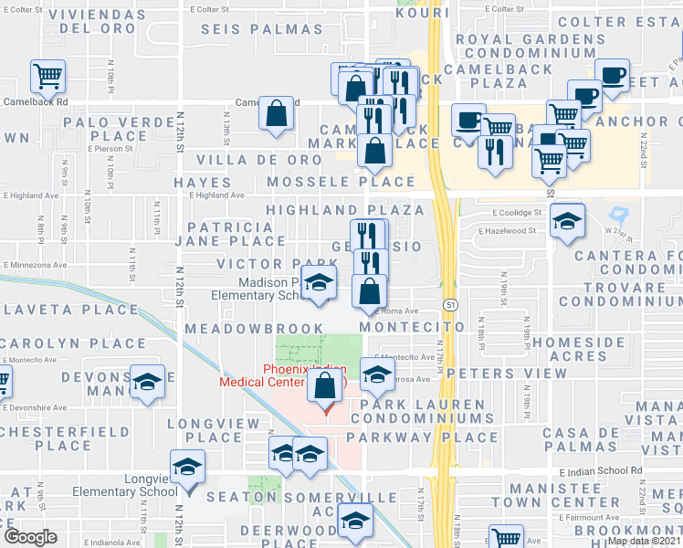 map of restaurants, bars, coffee shops, grocery stores, and more near 1550 East Campbell Avenue in Phoenix
