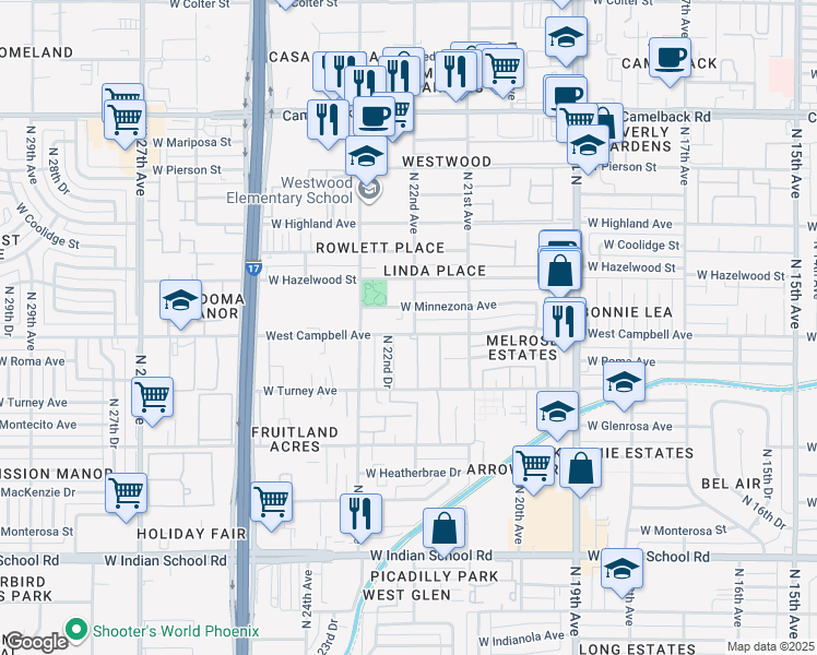 map of restaurants, bars, coffee shops, grocery stores, and more near 2222 West Campbell Avenue in Phoenix