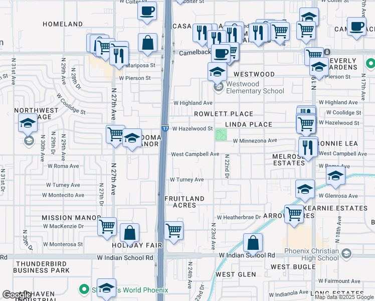 map of restaurants, bars, coffee shops, grocery stores, and more near 2362 West Campbell Avenue in Phoenix