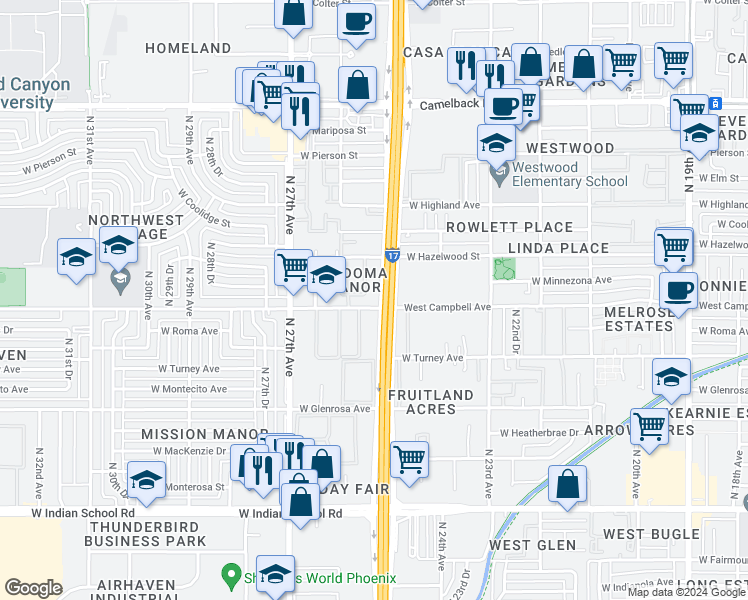 map of restaurants, bars, coffee shops, grocery stores, and more near 4512 North Black Canyon Highway in Phoenix