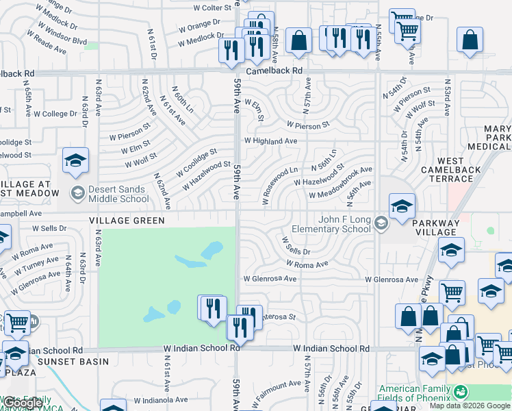 map of restaurants, bars, coffee shops, grocery stores, and more near 5844 West Rosewood Lane in Phoenix