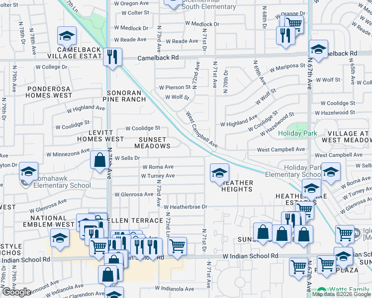 map of restaurants, bars, coffee shops, grocery stores, and more near 4520 North 71st Lane in Phoenix