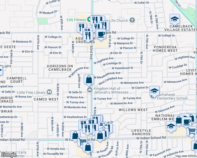 map of restaurants, bars, coffee shops, grocery stores, and more near 8225 West Meadowbrook Avenue in Phoenix