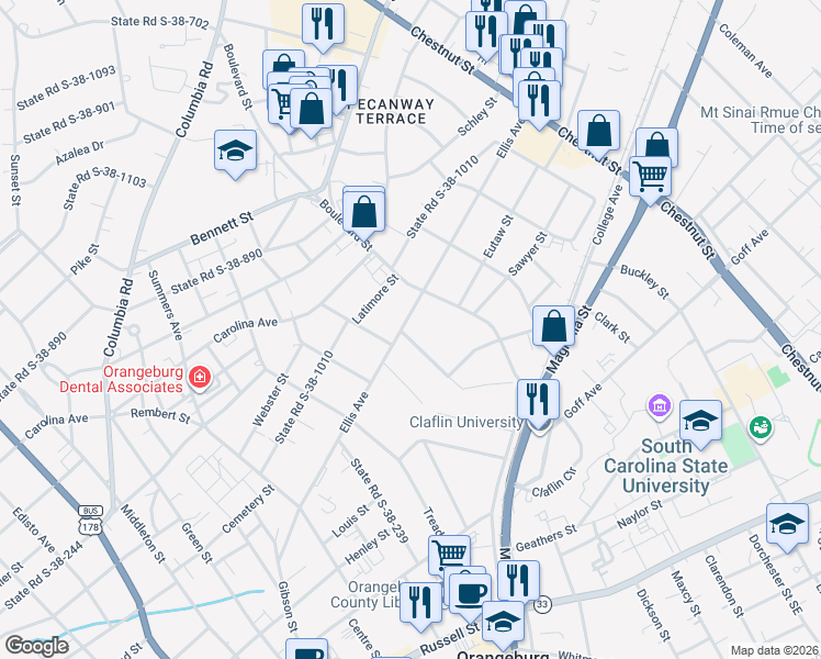 map of restaurants, bars, coffee shops, grocery stores, and more near in Orangeburg