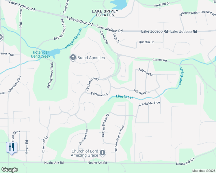 map of restaurants, bars, coffee shops, grocery stores, and more near 2308 Fairwood Circle in Jonesboro