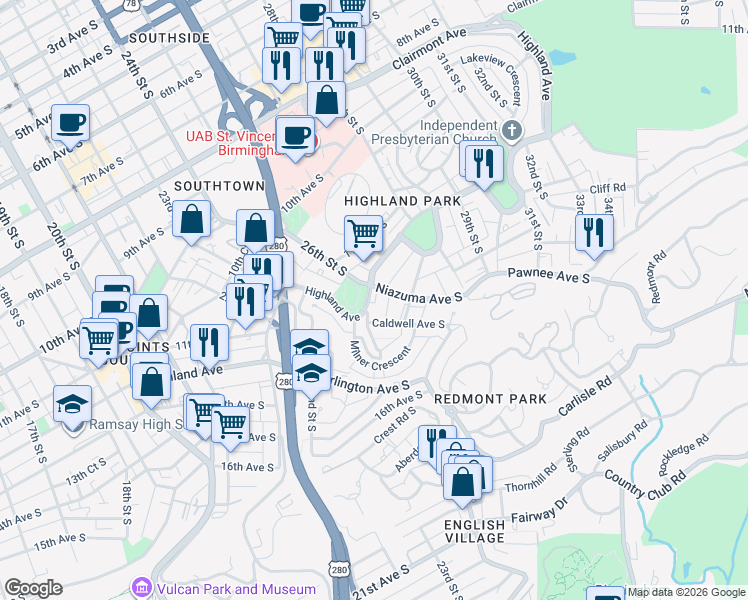 map of restaurants, bars, coffee shops, grocery stores, and more near 2545 Highland Avenue in Birmingham