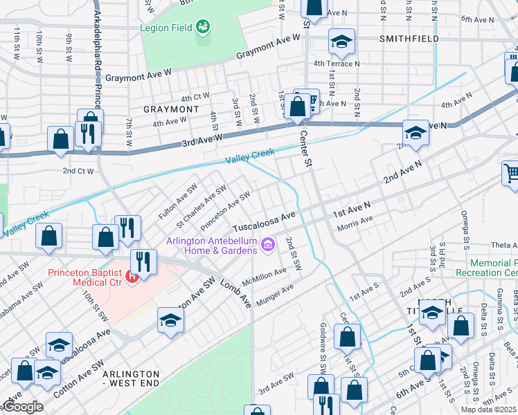 map of restaurants, bars, coffee shops, grocery stores, and more near 625 4th Street Southwest in Birmingham