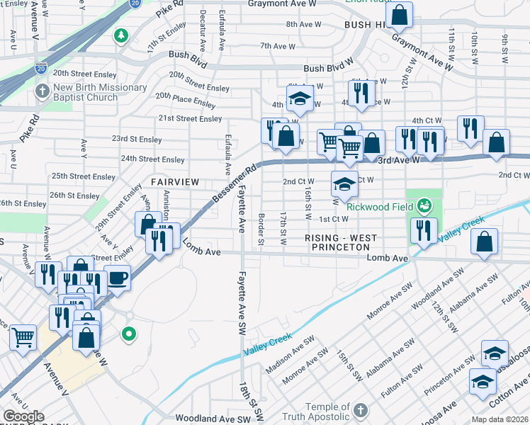 map of restaurants, bars, coffee shops, grocery stores, and more near 1708 1st Court West in Birmingham