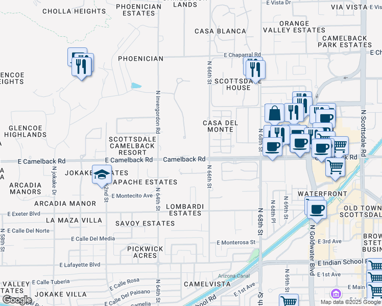map of restaurants, bars, coffee shops, grocery stores, and more near 6502 East Camelback Road in Scottsdale