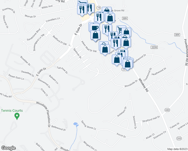 map of restaurants, bars, coffee shops, grocery stores, and more near 125 Bennington Lane in Aiken