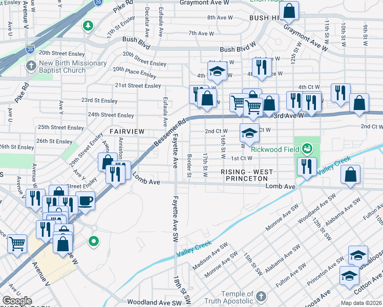 map of restaurants, bars, coffee shops, grocery stores, and more near 1708 1st Court West in Birmingham