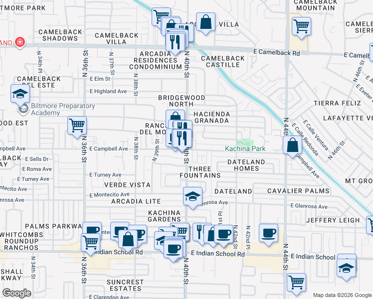 map of restaurants, bars, coffee shops, grocery stores, and more near N 40th St & E Campbell Ave in Phoenix
