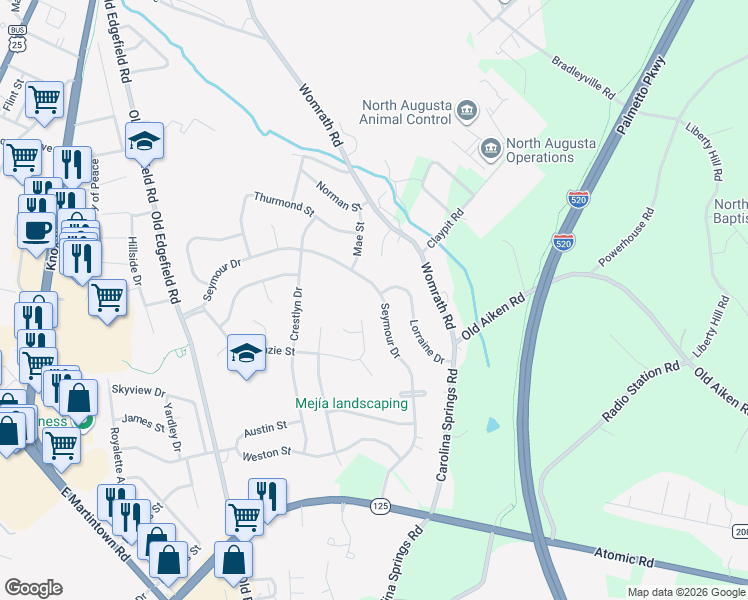 map of restaurants, bars, coffee shops, grocery stores, and more near 683 Seymour Dr in North Augusta