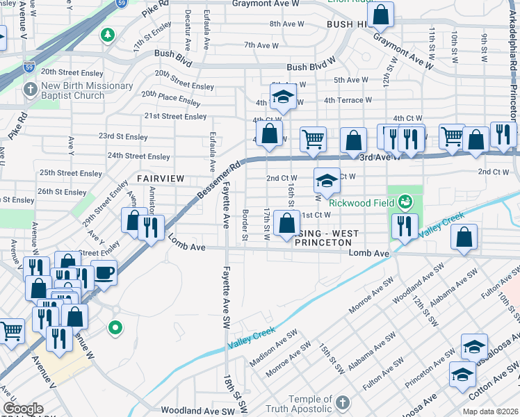 map of restaurants, bars, coffee shops, grocery stores, and more near 1708 1st Court West in Birmingham