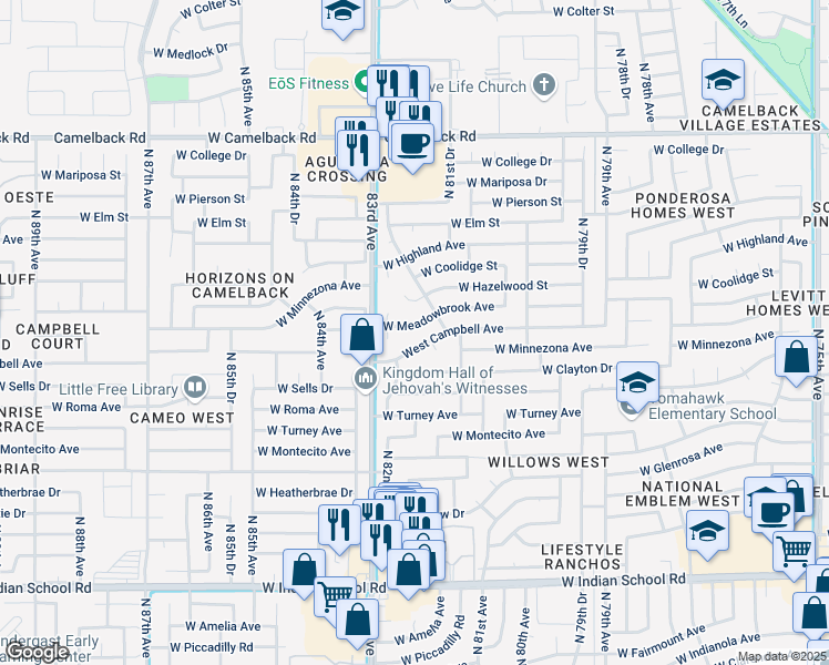 map of restaurants, bars, coffee shops, grocery stores, and more near 8225 West Meadowbrook Avenue in Phoenix