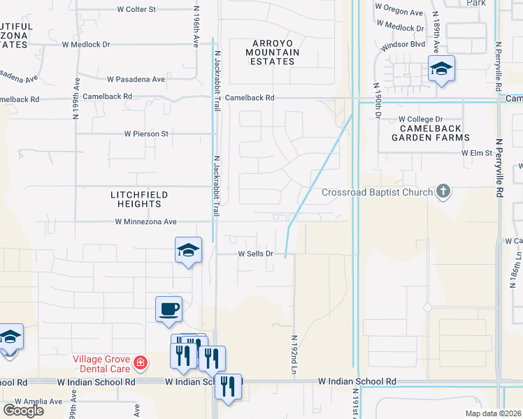 map of restaurants, bars, coffee shops, grocery stores, and more near 19369 West Hazelwood Street in Litchfield Park