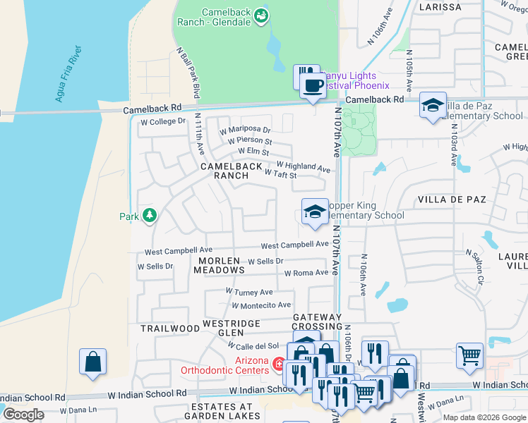 map of restaurants, bars, coffee shops, grocery stores, and more near 10910 West Meadowbrook Avenue in Phoenix