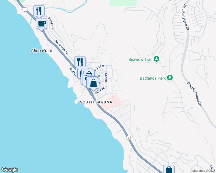 map of restaurants, bars, coffee shops, grocery stores, and more near 31706 Scenic Drive in Laguna Beach