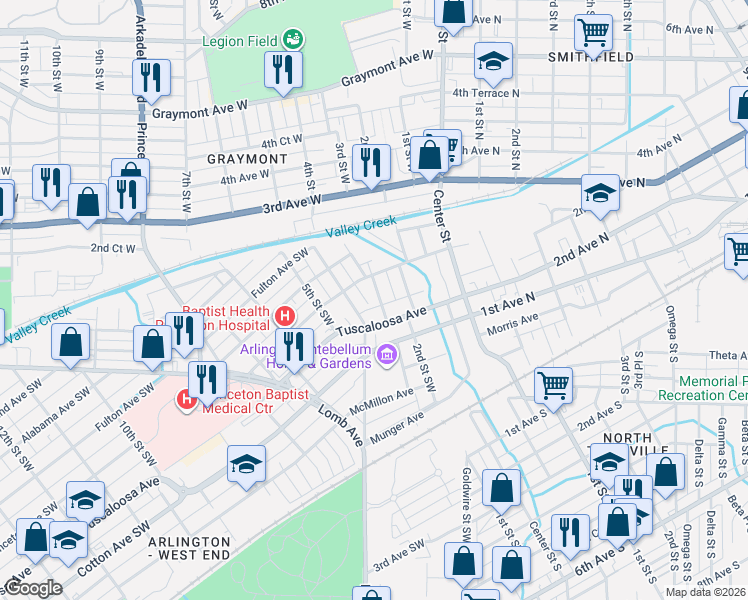 map of restaurants, bars, coffee shops, grocery stores, and more near 625 4th Street Southwest in Birmingham