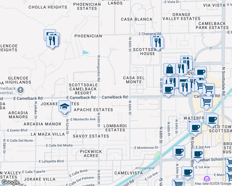 map of restaurants, bars, coffee shops, grocery stores, and more near 6502 East Camelback Road in Scottsdale