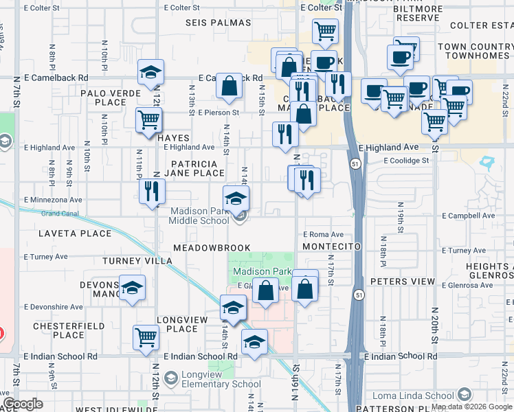 map of restaurants, bars, coffee shops, grocery stores, and more near 4514 North 15th Street in Phoenix