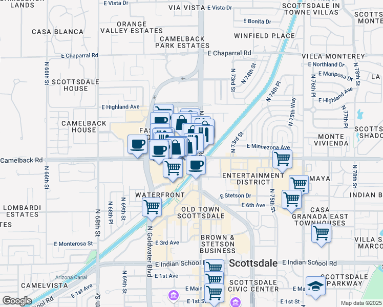 map of restaurants, bars, coffee shops, grocery stores, and more near 7150 East Camelback Road in Scottsdale