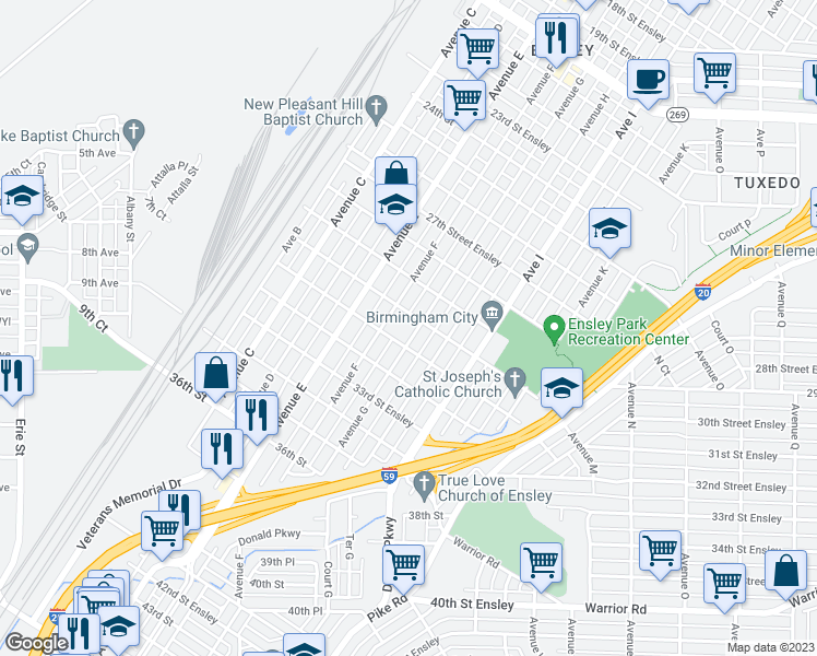 map of restaurants, bars, coffee shops, grocery stores, and more near 3008 Avenue G in Birmingham