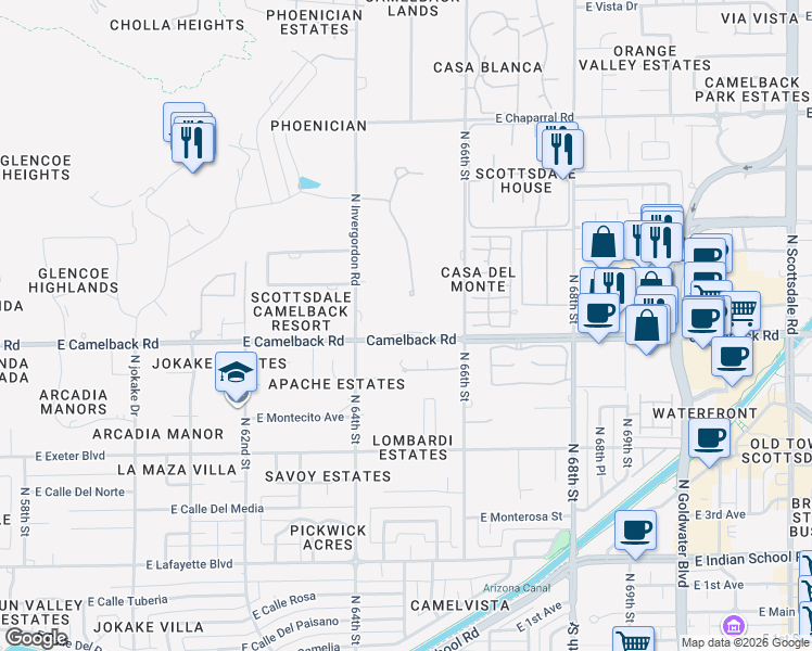 map of restaurants, bars, coffee shops, grocery stores, and more near 6500 East Camelback Road in Scottsdale