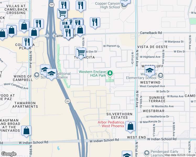 map of restaurants, bars, coffee shops, grocery stores, and more near 9342 West Willow Bend Lane in Phoenix