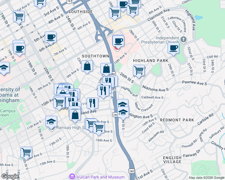 map of restaurants, bars, coffee shops, grocery stores, and more near 2250 Highland Avenue in Birmingham